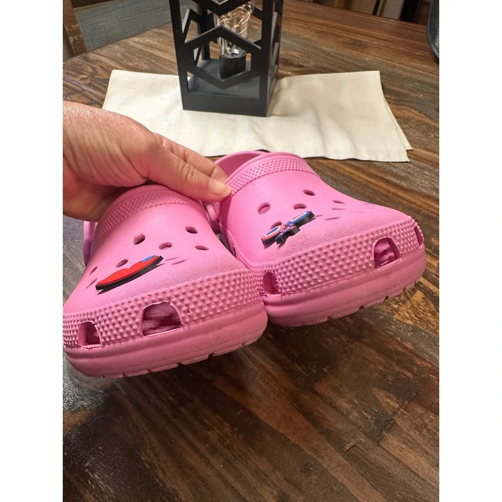 Crocs Kids Classic Clog Pink Slip On Shoes with Charms Size J2 Youth